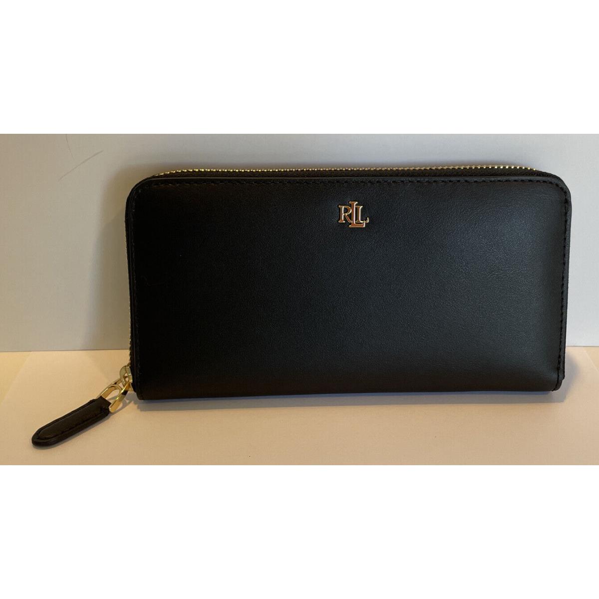 Ralph Lauren Zip Around Wallet Black Leather Gold Tone Accents