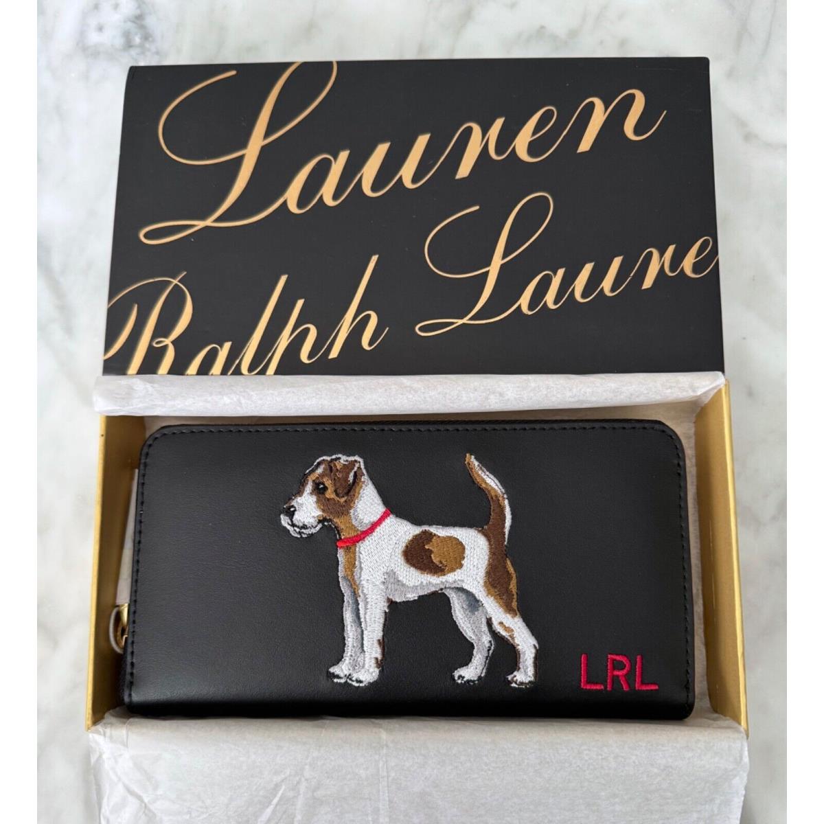 Lauren Ralph Lauren Embroidered Leather Wallet Black Jack Russell Terrier Dog