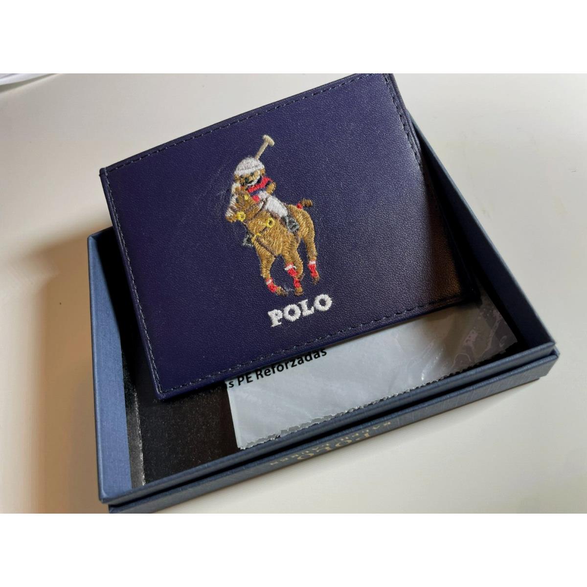 Polo Ralph Lauren Navy Leather Big Embroidered Polo Bear Card Case/wallet