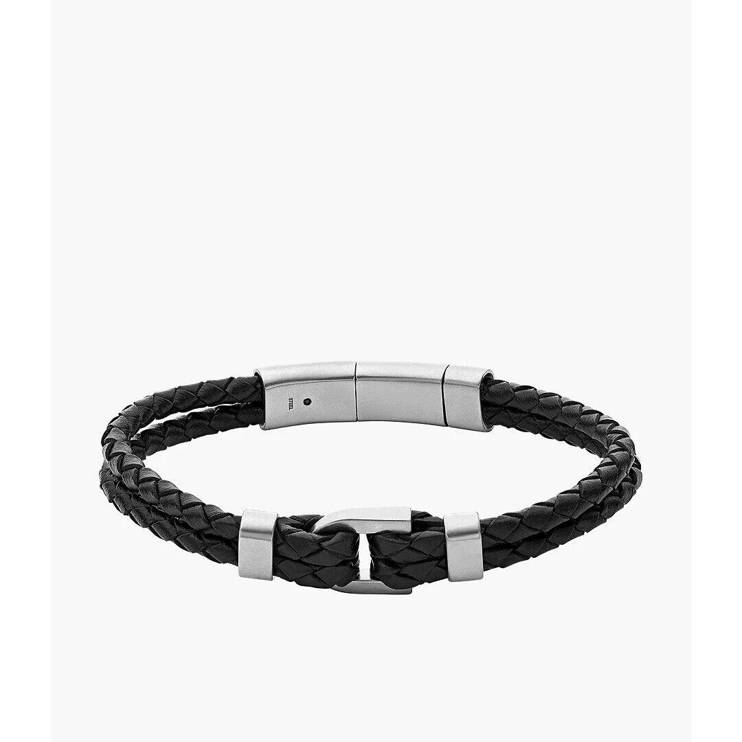 Fossil - Men`s Heritage D-link Black Leather Bracelet Silver