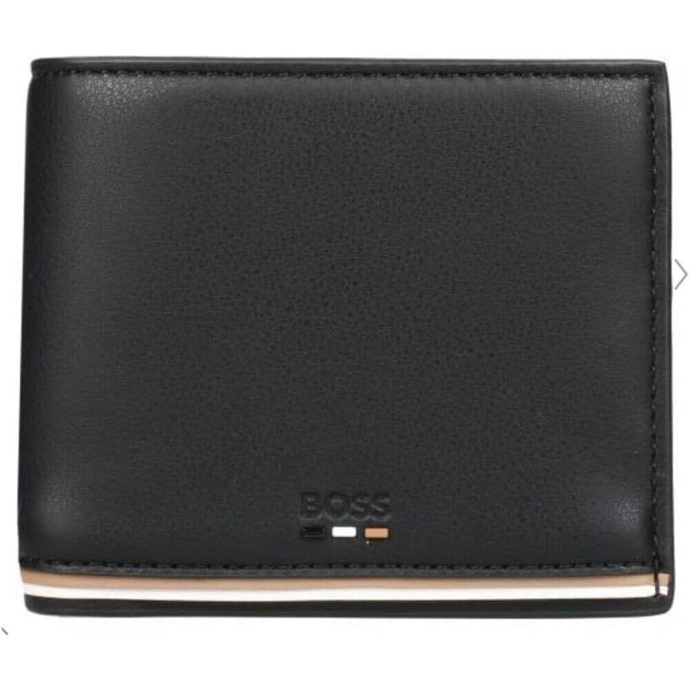 Hugo Boss Men Ray Bifold Wallet Leather Logo Stripe Detail Solid Black OS