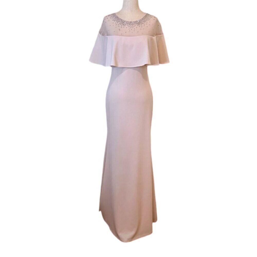 Calvin Klein CK Beaded Cape Top Stretch Crepe Gown Blush Pink. Size 16 194414931033