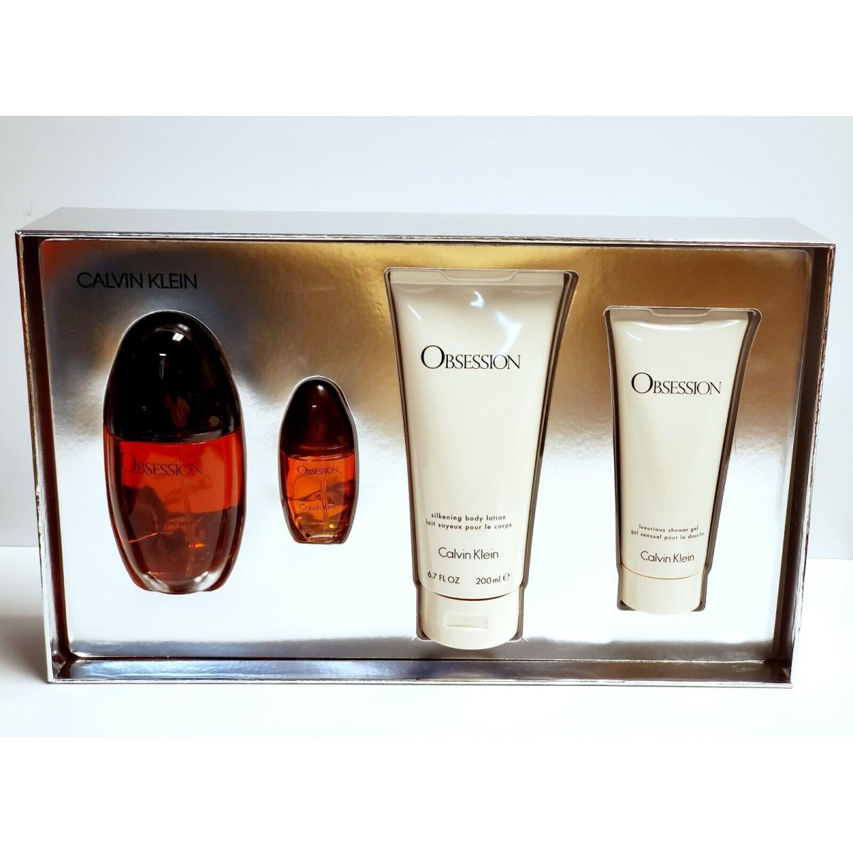 Obsession By Calvin Klein Women 4Pc Set 3.4oz Spray+mini+shower Gel+body Lotion