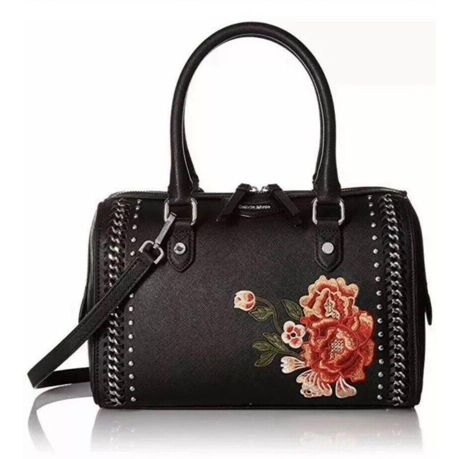 Calvin Klein Leather Satchel Mother`s Day Embroidered Floral Black/silver