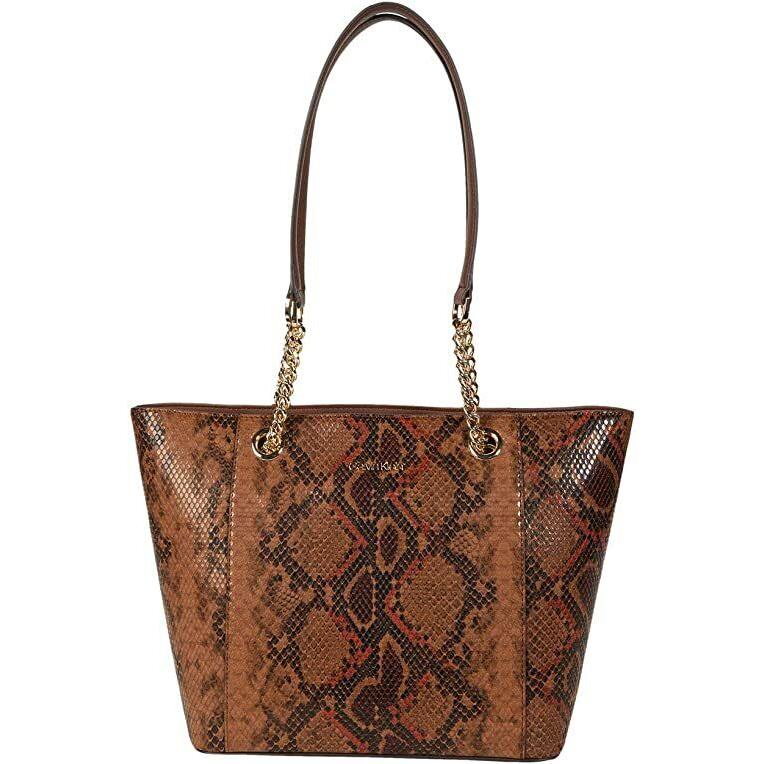 Calvin Klein Hayden Snake Print Leather Tote Double Strap Walnut