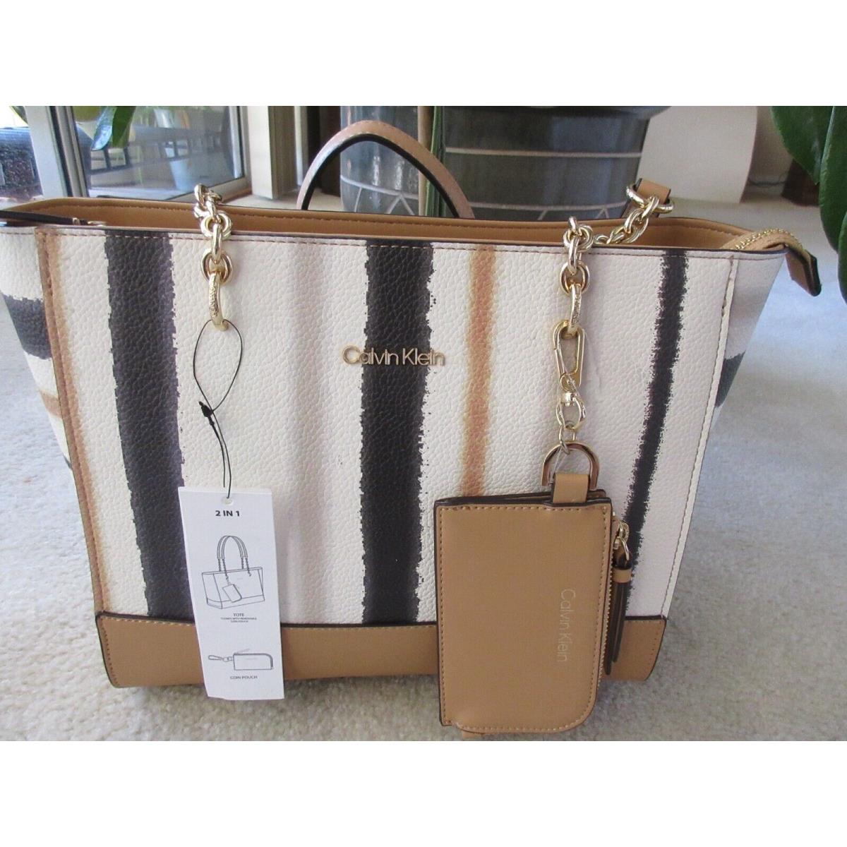 Calvin Klein Tan Multi Combo Color Monogram Signature Tote Removable Pouch