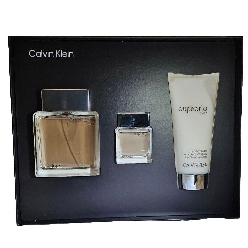 Euphoria Calvin Klein 3pc Gift Set Men`s 3.3oz+0.5oz Edt Spray+3.3oz A/s Balm