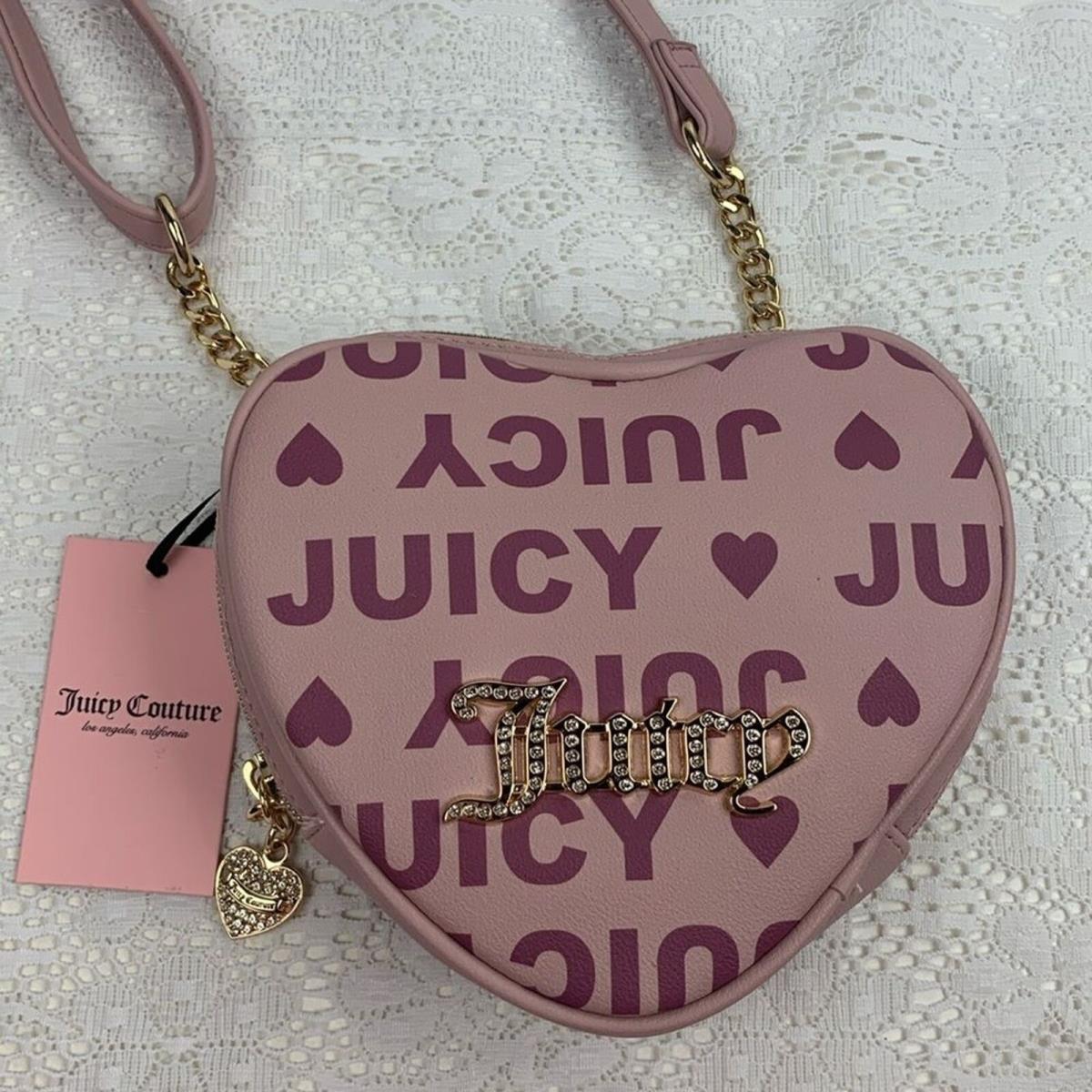 Juicy Couture Dusty Blush Heart Fluffy Crossbody Bag Rhinestone Gold Zip