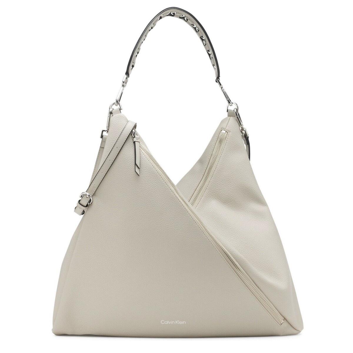 Calvin Klein Geo Convertible Multi Zippered Hobo Bag White Silver Crossbody