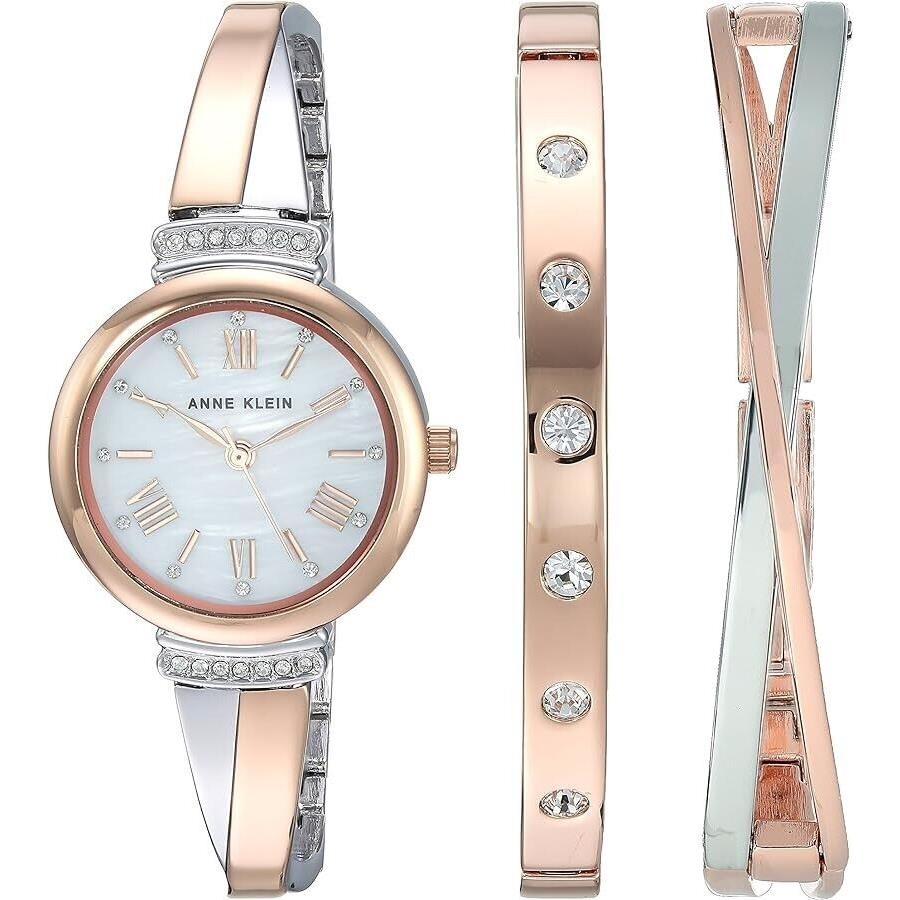 Anne Klein Premium Crystal Watch Bracelet Set Bangle Rose Gold Silver Twist