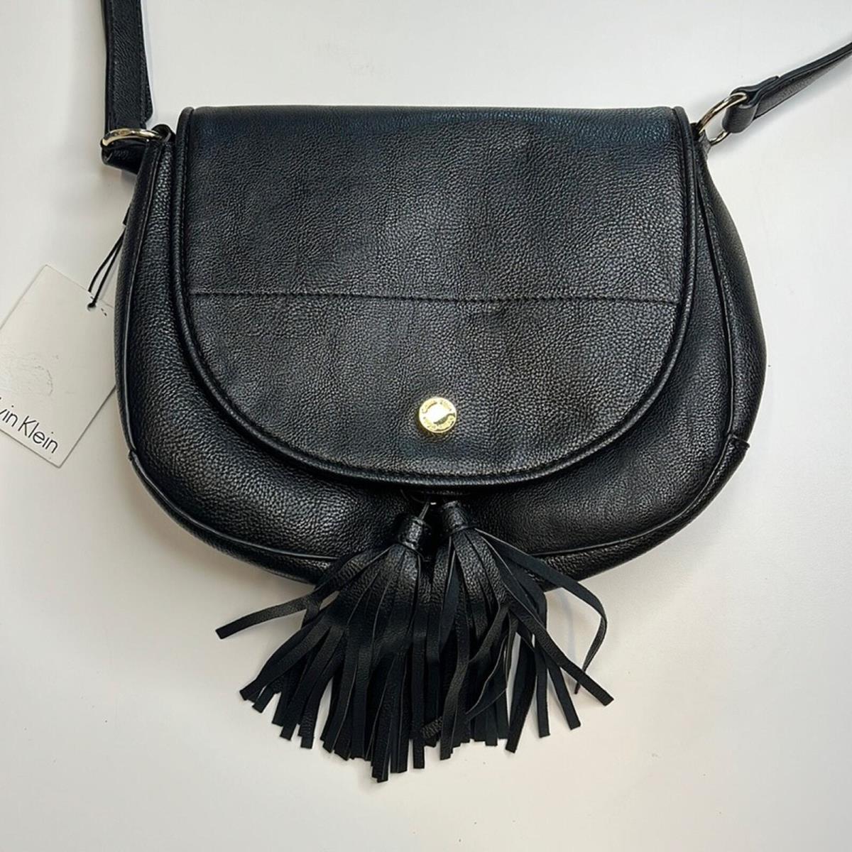 Calvin Klein Black Pebbled Leather Saddle Bag w/ Tassel Details