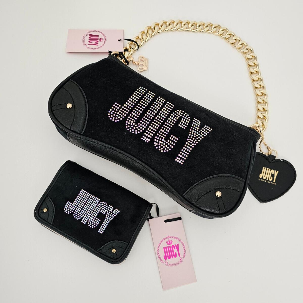 Juicy By Juicy Couture Chain Crystals Small Shoulder Bag Wallet Velour Blk