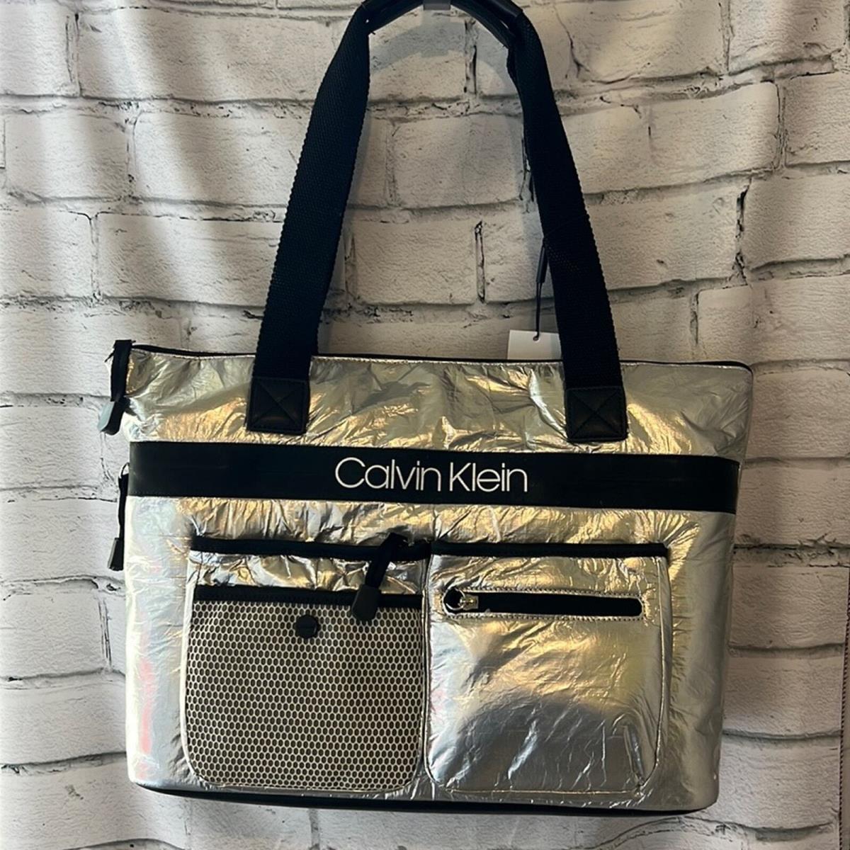 Calvin Klein Metallic Silver Tote Bag w/ Pockets Black Details