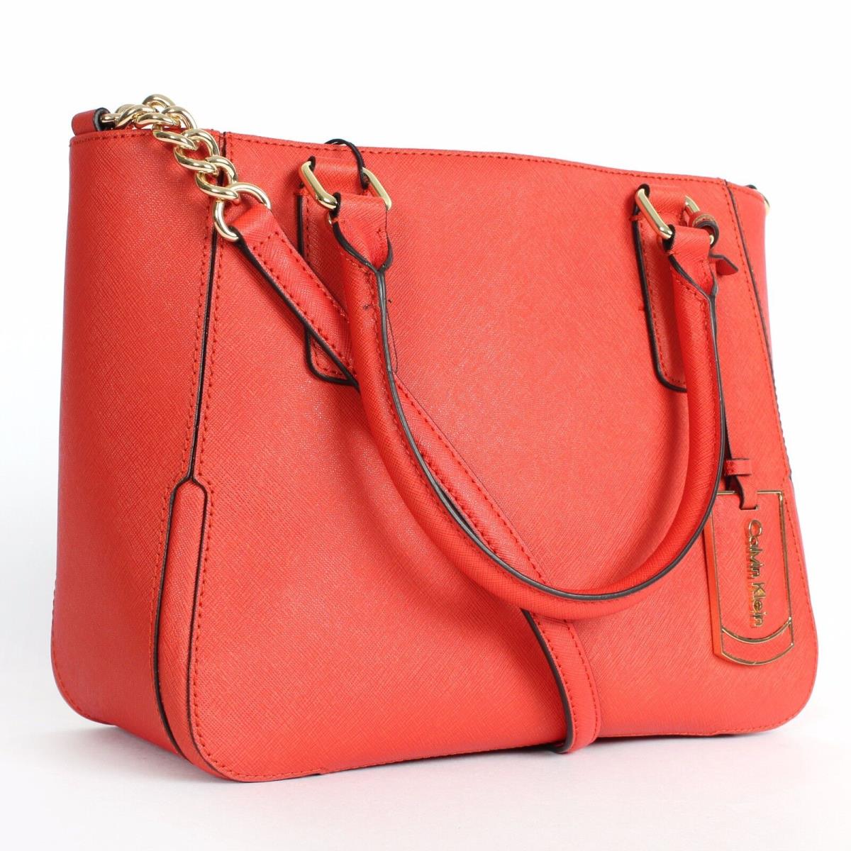 Calvin Klein Saffiano Leather Satchel Shoulder Bag Coral Style: H3DD11DJ