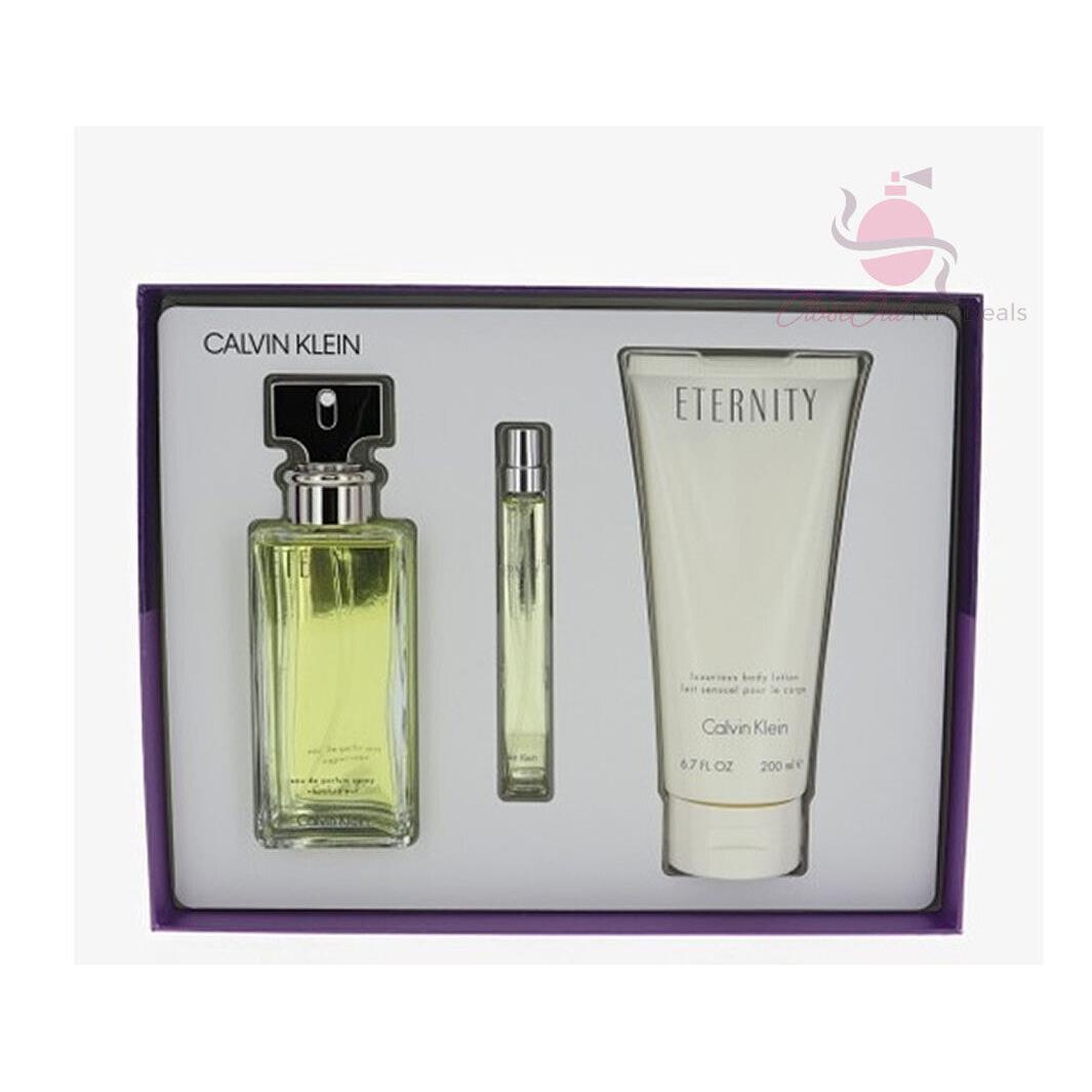 Eternity by Calvin Klein 3PC Set-3.4oz Edp Sp+6.7oz Body Lotion+0.33oz Rollerbal