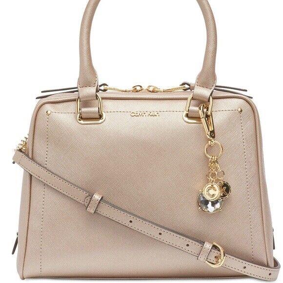 Calvin Klein Marybelle Satchel Saffiano Leather Champagne Zip Top