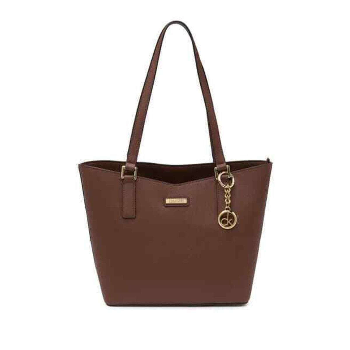 Calvin Klein Key Saffiano Leather Tote Double Strap Walnut Gold