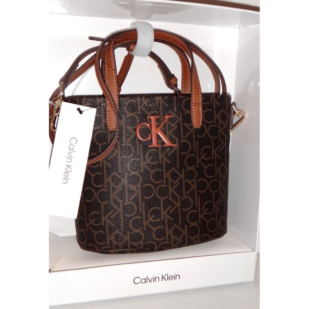 Calvin Klein CK Signature Hand Bag Zip Purse Brown Luggage H1GEJED3 + Gift Box