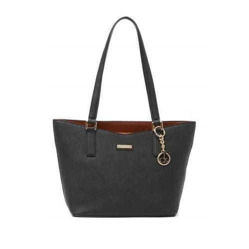 Calvin Klein Key Saffiano Leather Tote Double Strap Black Gold