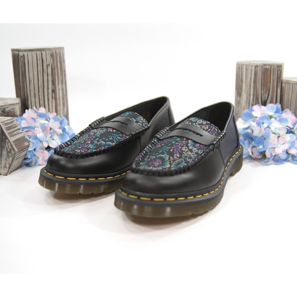 Dr. Martens Penton Black Leather Rich Purple Floral Loafer Oxford Shoes 9