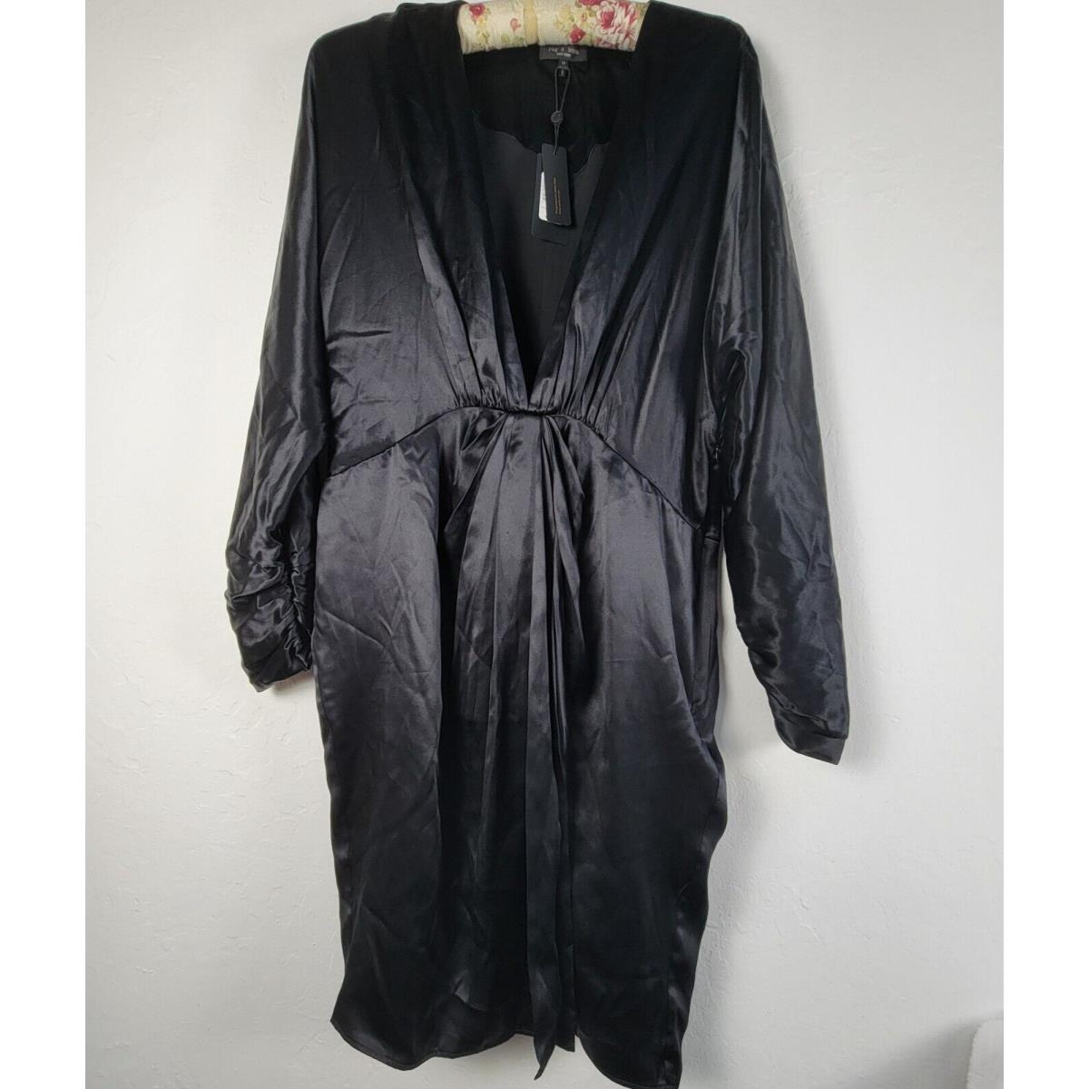 Rag Bone Silk Eloise Mini Dress Sz 12 Black Long Sleeve V-neck Ruched