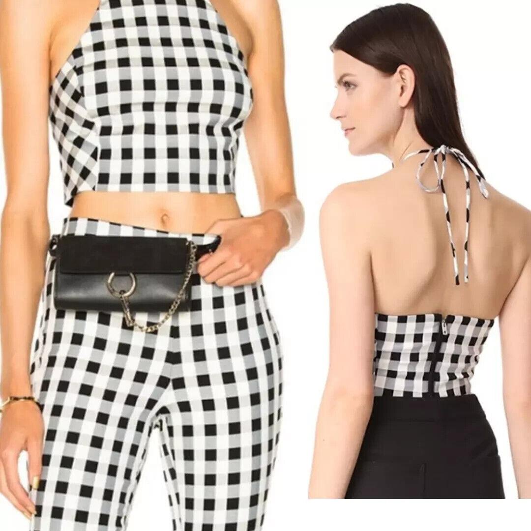 Rag Bone Nevada Halter Neck Crop Top Black Gray White Gingham Check M