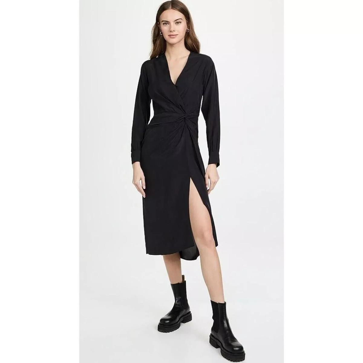 Rag Bone Black Amber Twist Waist Long Sleeve Silk Midi Dress Size 2