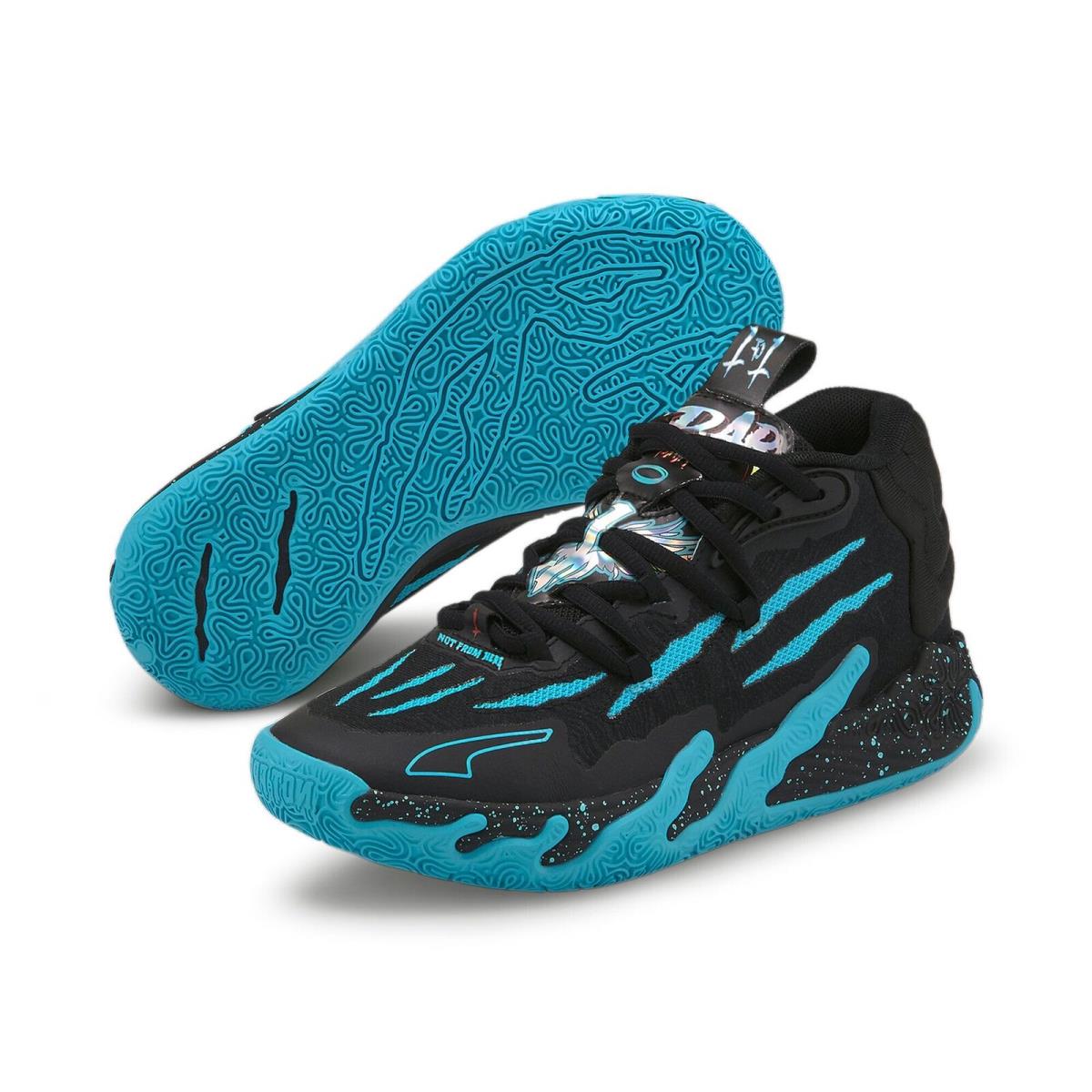 379293-01 Youth Puma Lamelo Ball MB.03 `blue Hive GS ` - Black/Electric Peppermint