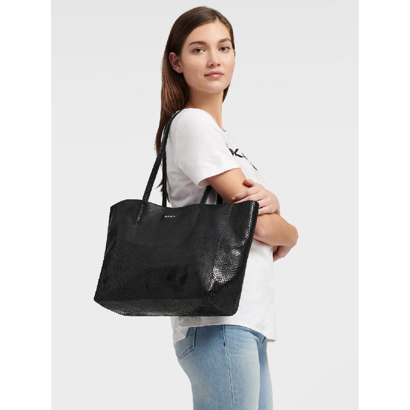 Dkny Women`s Sally East West Snake-embossed Leather Tote Black Gold