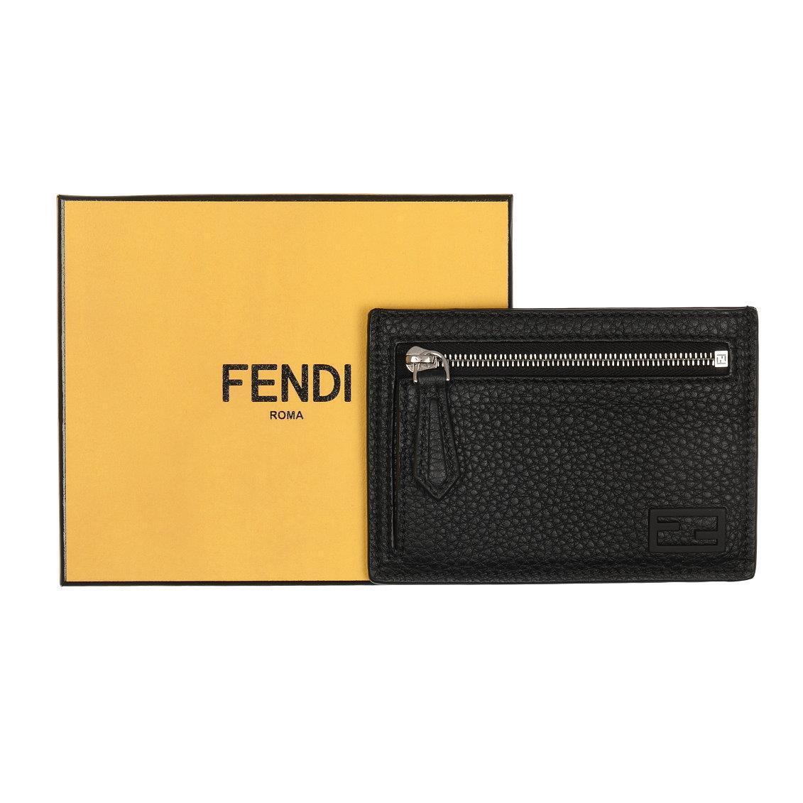 Fendi Black Textured Leather Logo Credit Card Holder Case Wallet W/box