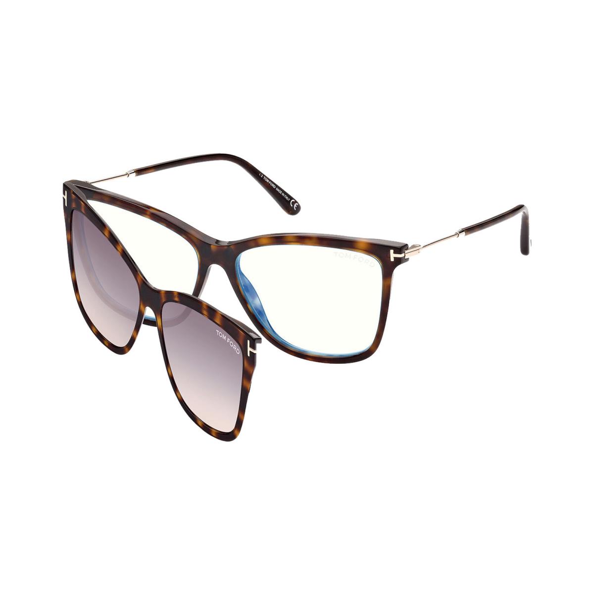 Tom Ford Women`s Blue Block Eyeglass Frames w/ Clip-on Sun Lens - FT5824 B Italy Dk Havana/Clear + Grey (052-56)