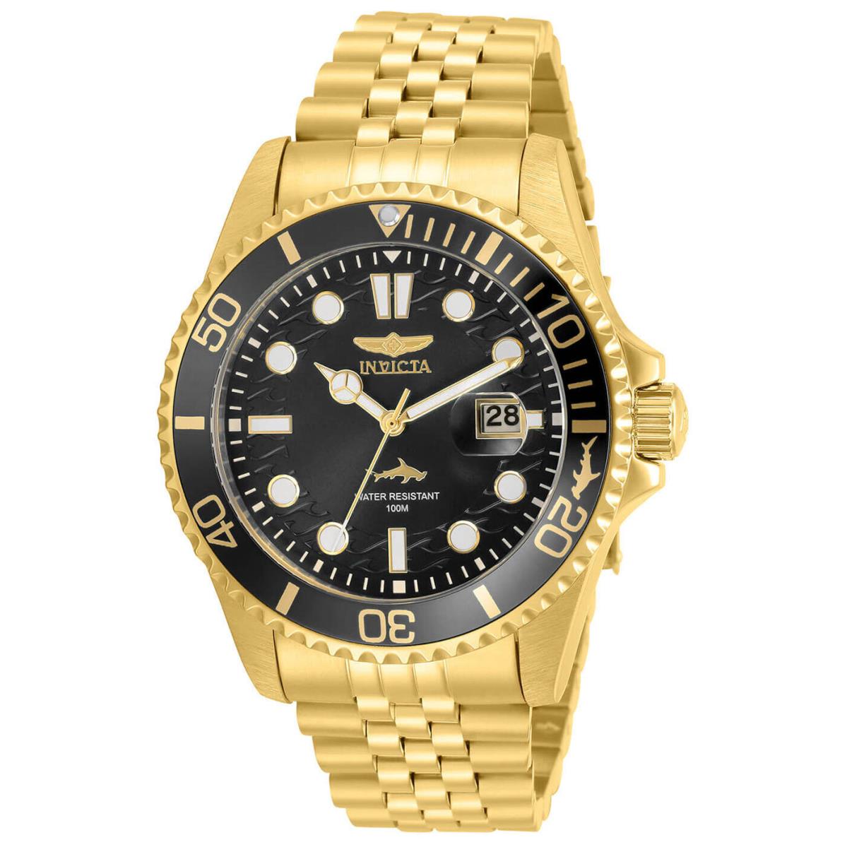 Invicta Men`s Watch Pro Diver Quartz Black Dial Yellow Gold Steel Bracelet 30614