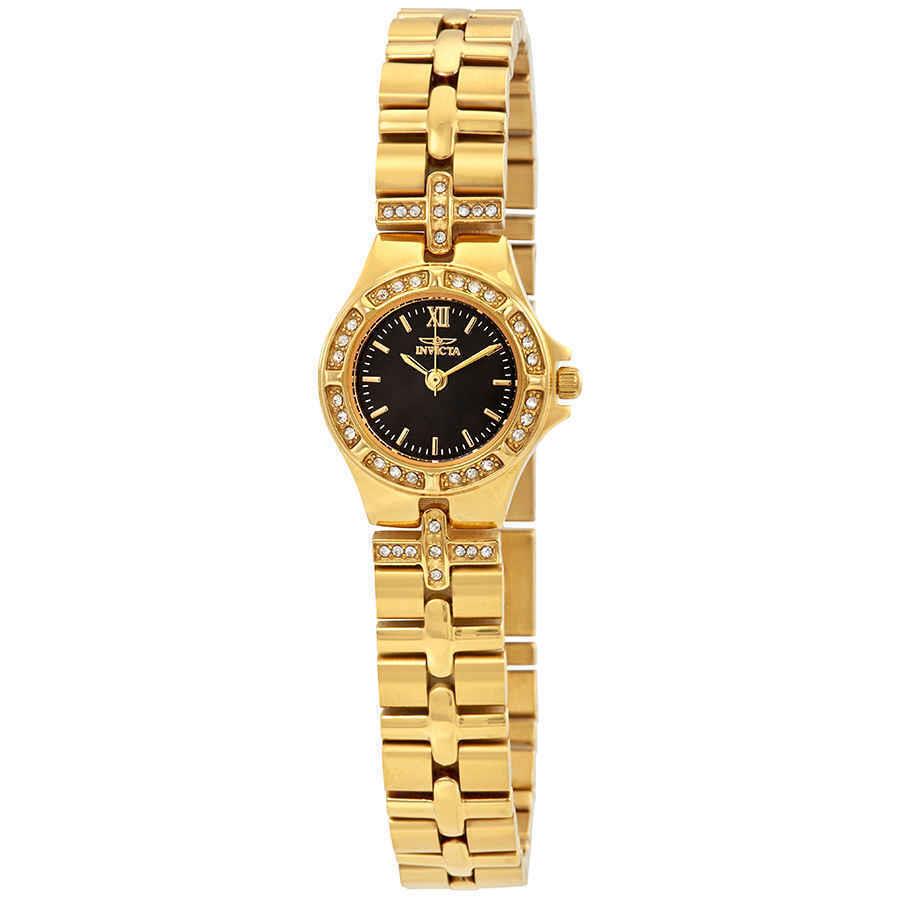 Invicta Wildflower Crystal Black Dial Ladies Watch 17065 - Dial: Black, Band: Gold-tone, Bezel: Gold-tone