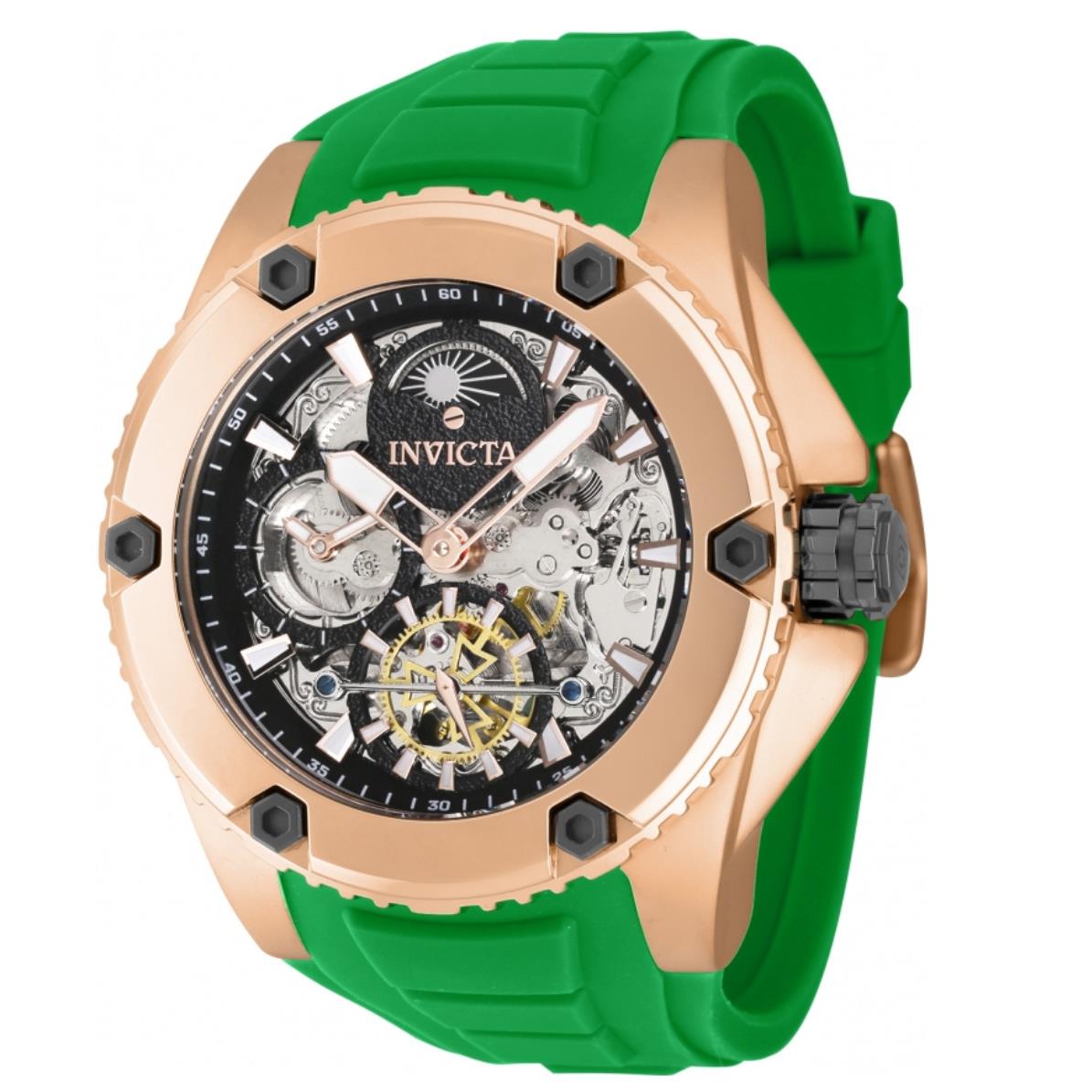 Invicta Akula Automatic Men`s 51mm Dual Time Skeleton Dial Rose Gold Watch 42765 - Dial: Black, Rose Gold, Silver, White, Band: Green, Bezel: Gunmetal, Rose Gold