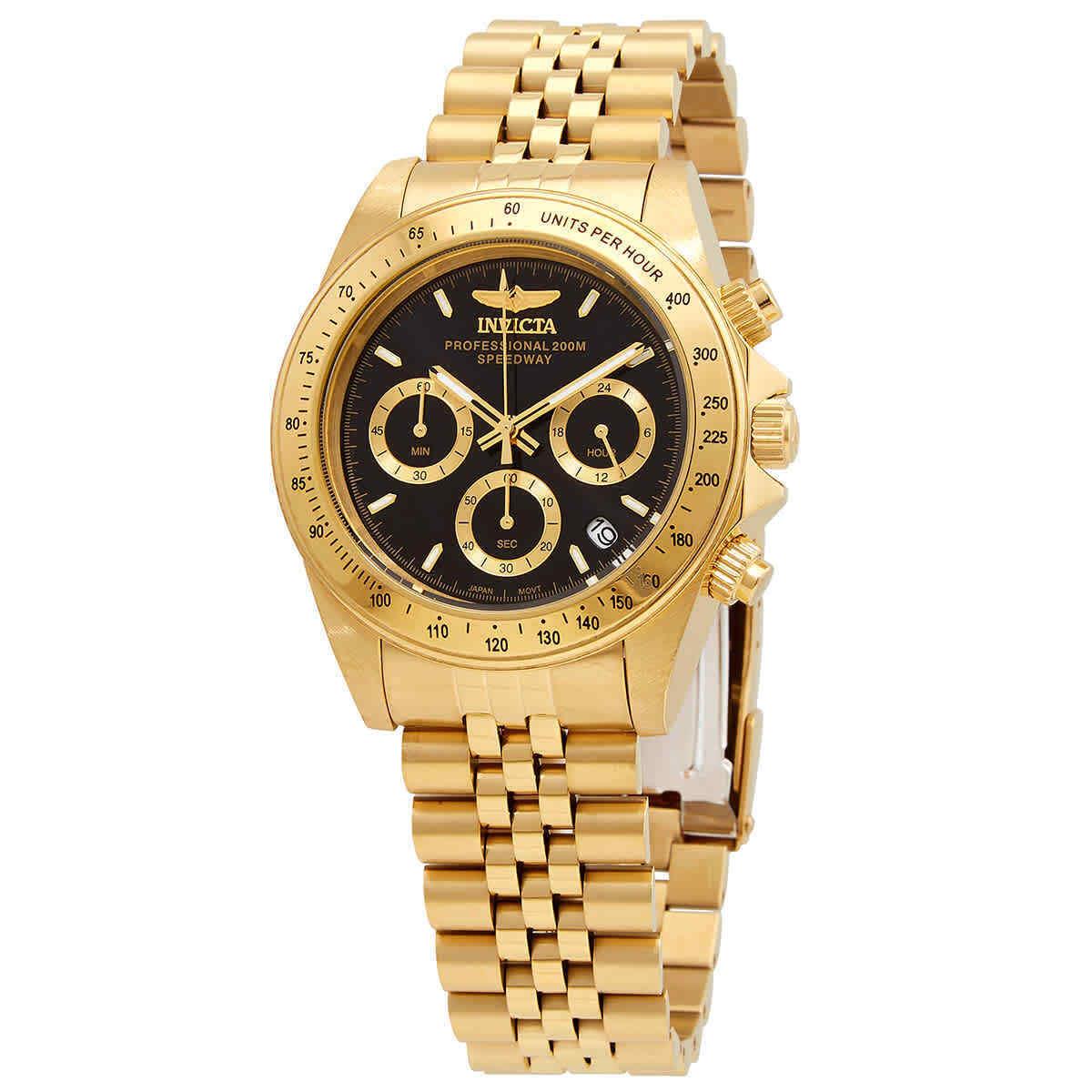 Invicta Speedway Chronograph Quartz Black Dial Men`s Watch 31001 - Dial: Black, Band: Yellow Gold-tone, Bezel: Yellow Gold-tone