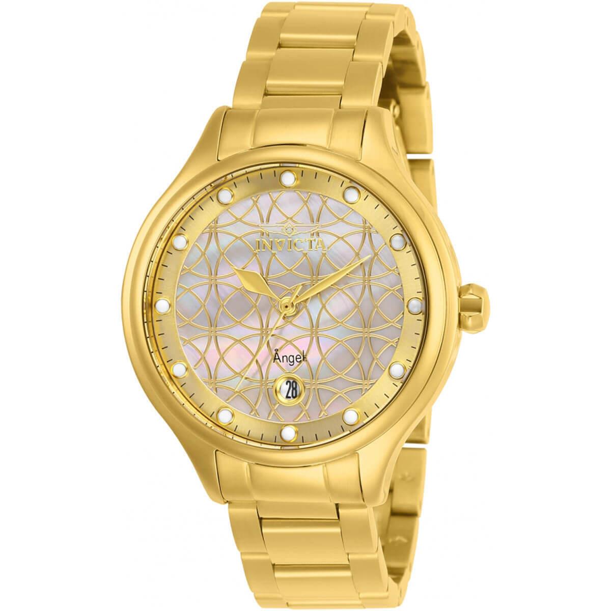 Invicta Women`s Watch Angel Quartz Oyster White Dial Yellow Gold Bracelet 27434