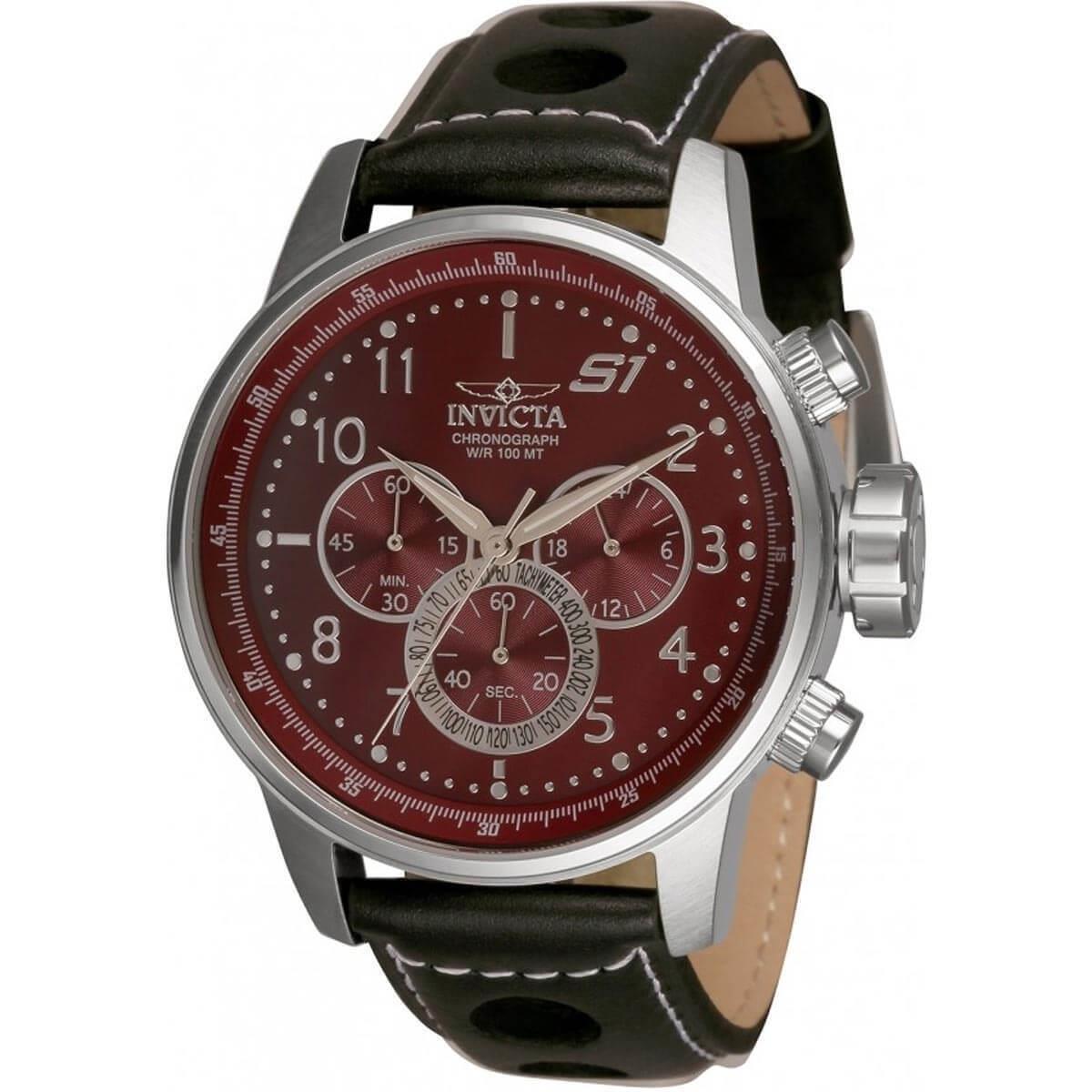 Invicta Men`s Watch S1 Rally Chrono Steel Case Burgundy Dial Leather Strap 30915 - Dial: Burgundy, Band: Black