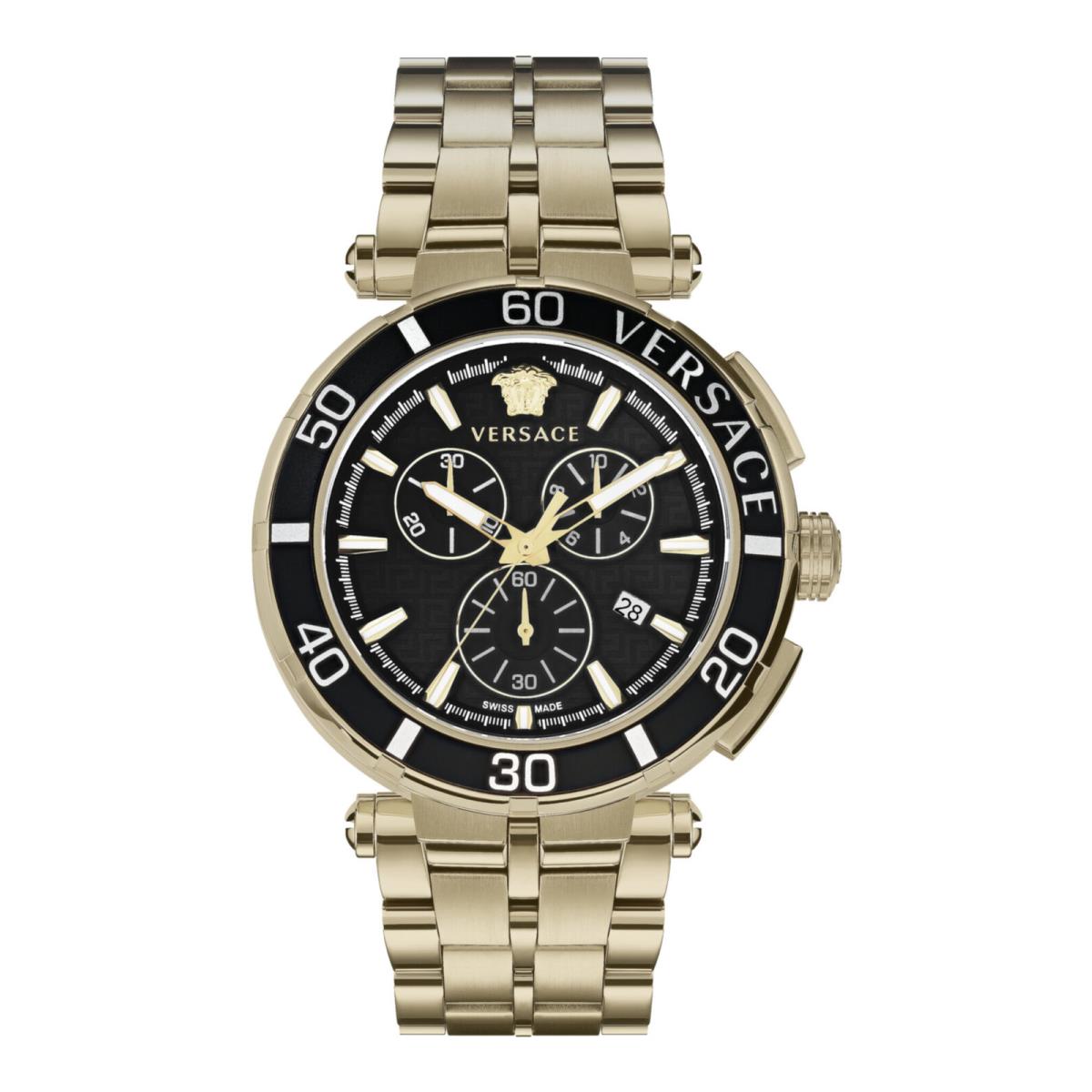 Versace Mens Greca Chrono IP Yellow Gold 45mm Bracelet Fashion Watch - Dial: Black, Band: Gold