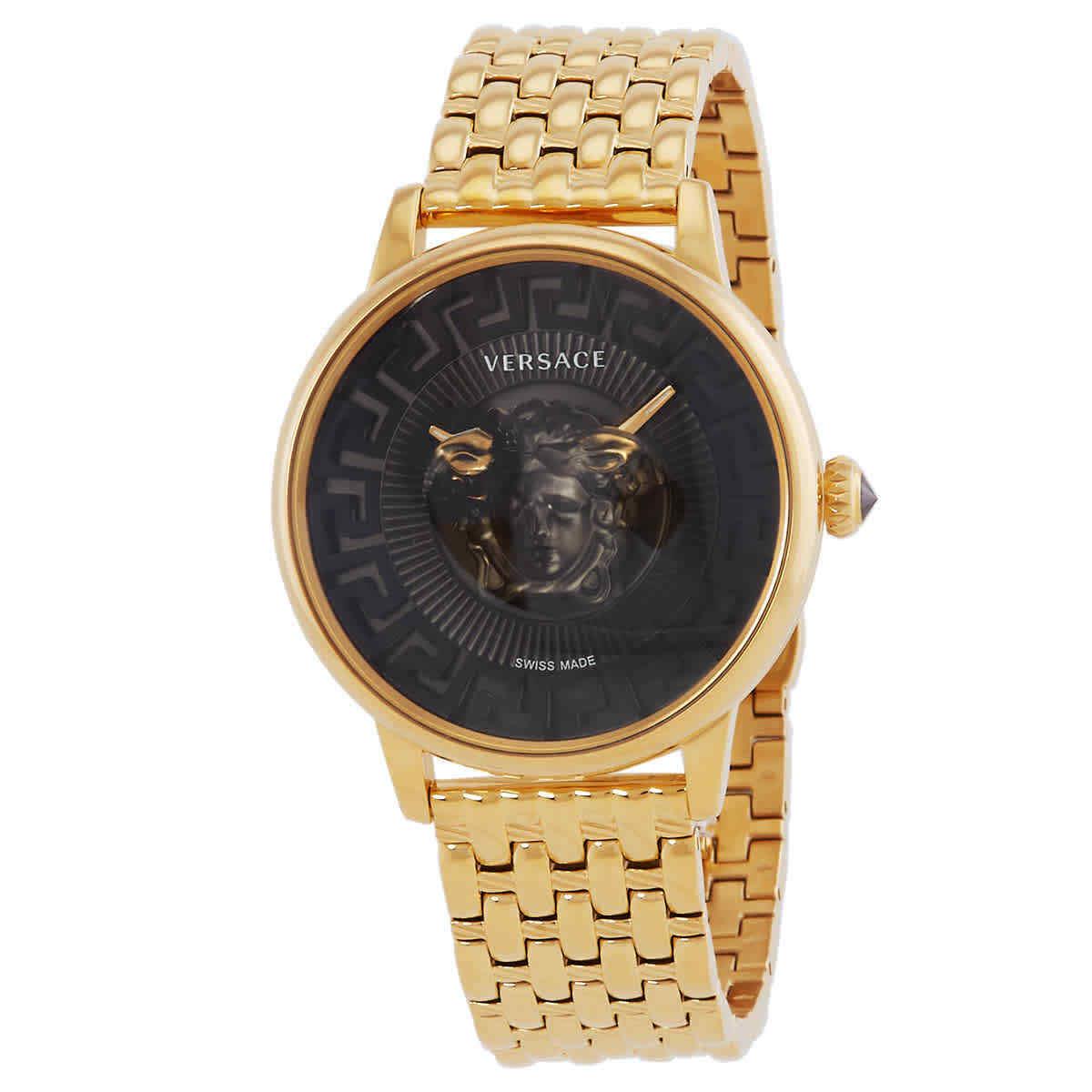 Versace Medusa Quartz Black Dial Ladies Watch VE6F00523 - Dial: Black, Band: Gold tone, Bezel: Gold tone