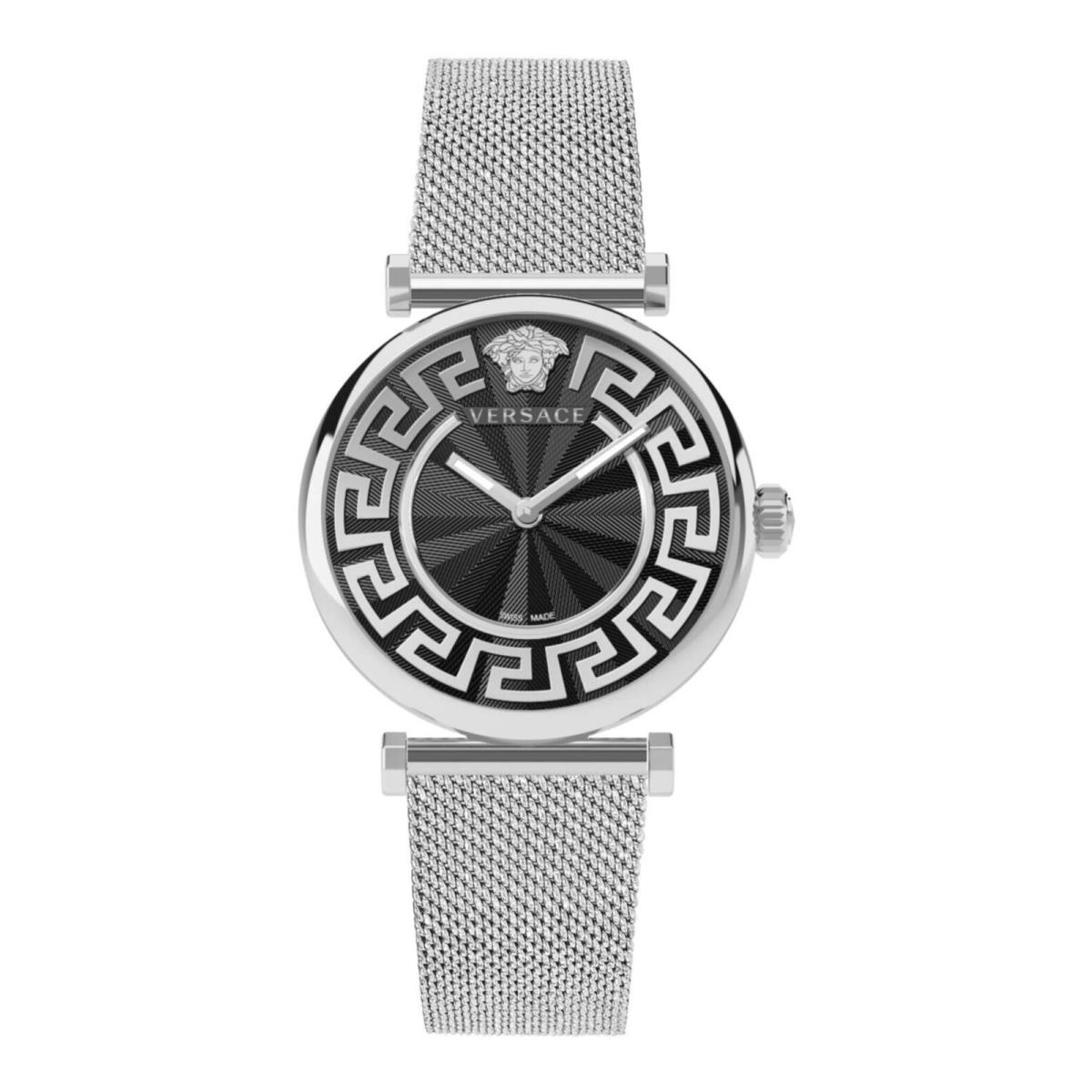 Versace Womens Greca Chic Stainless Steel 35mm Bracelet Fashion Watch - Dial: Black, Band: Silver, Bezel: Silver