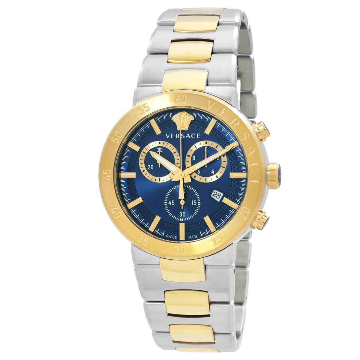 Versace Geo Chronograph Quartz Blue Dial Men`s Watch VEPY00720 - Dial: Blue, Band: Two-tone (Silver-tone and Gold tone), Bezel: Two-tone (Silver-tone and Gold tone)