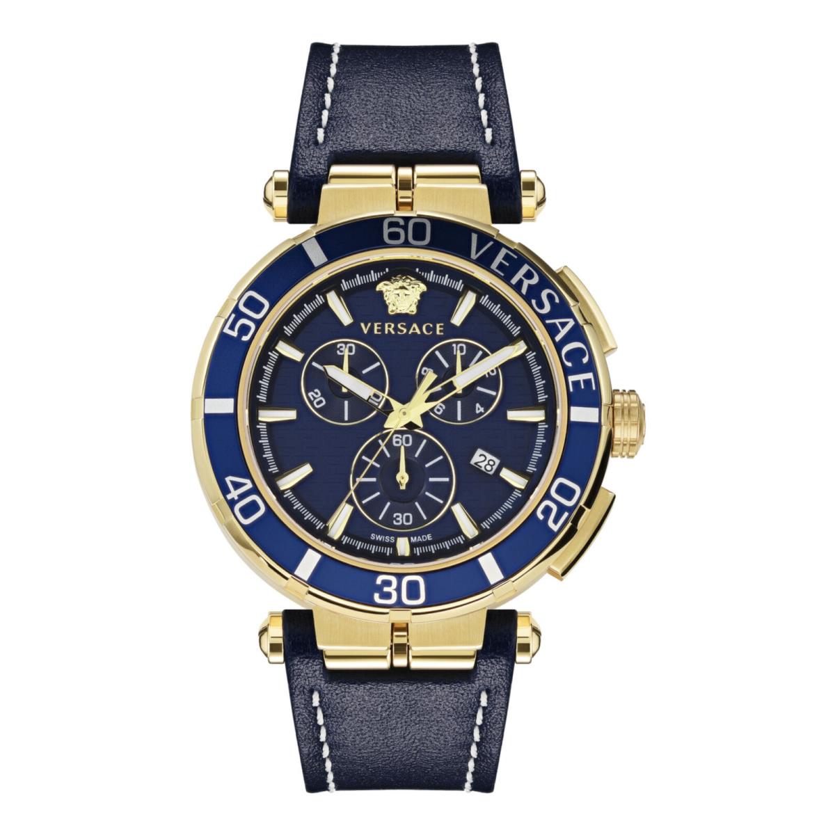 Versace Mens Greca Chrono IP Yellow Gold 45mm Strap Fashion Watch - Dial: Blue, Band: Blue