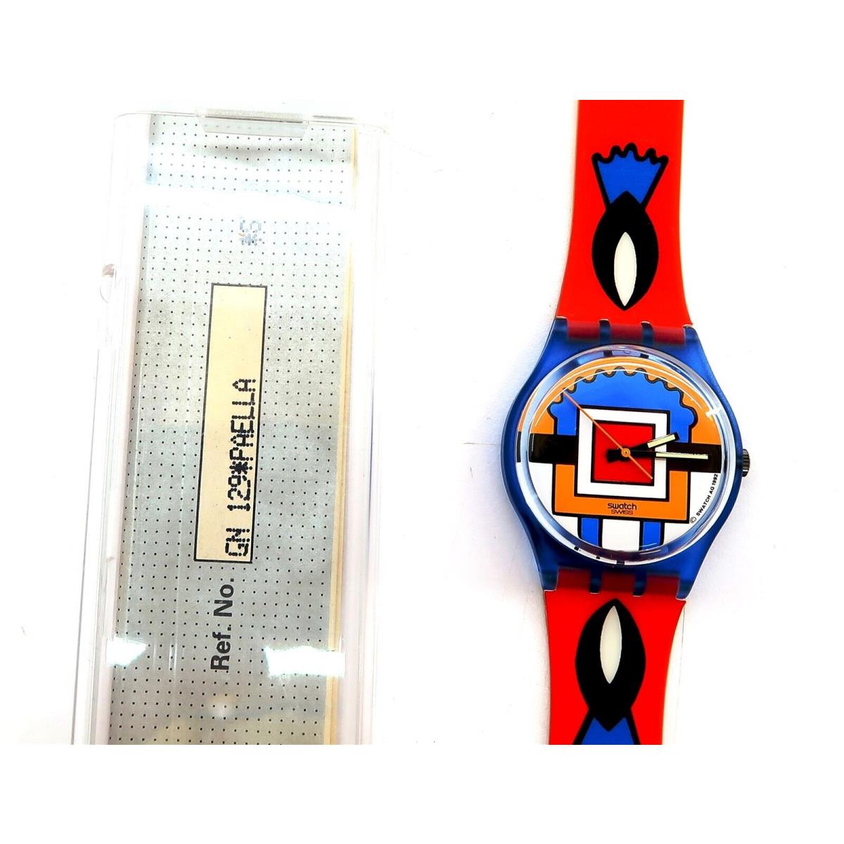 Swatch Watch Paella GN129 1993 with Case and Papers by Nathalie Du Pasquier