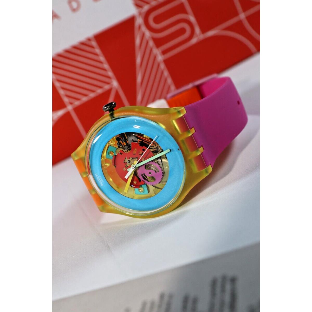 Swiss Swatch Color Palette SUOJ101 Skeleton 41mm Orange Pink Silicone Watch