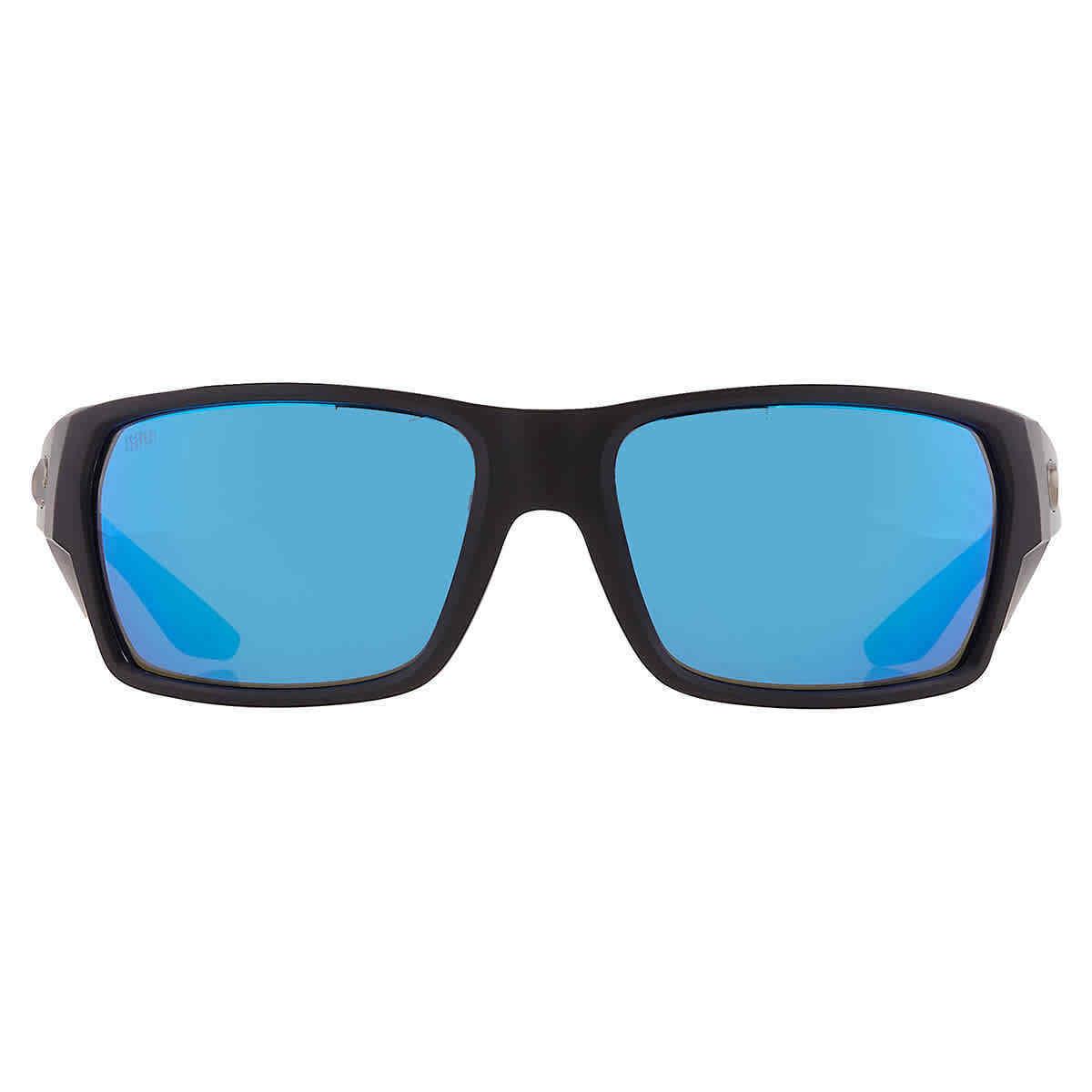 Costa Del Mar Tailfin Blue Mirror Polarized Glass Rectangular Men`s Sunglasses - Frame: Black, Lens: Blue