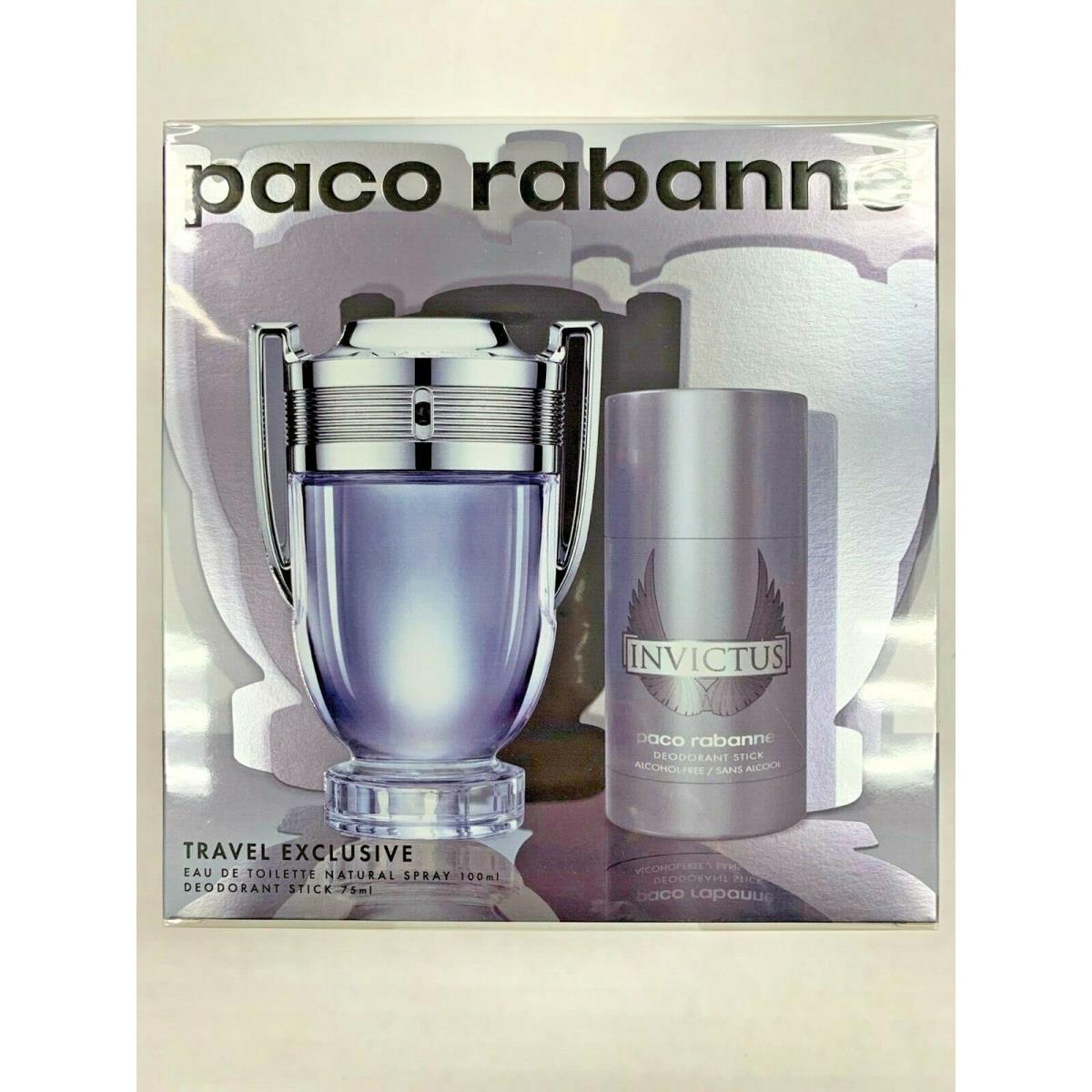 Paco Rabanne Invictus Men 2 Pcs Set 3.4 oz Edt Spray 2.5 oz Deodorant Stick Alcohol Free