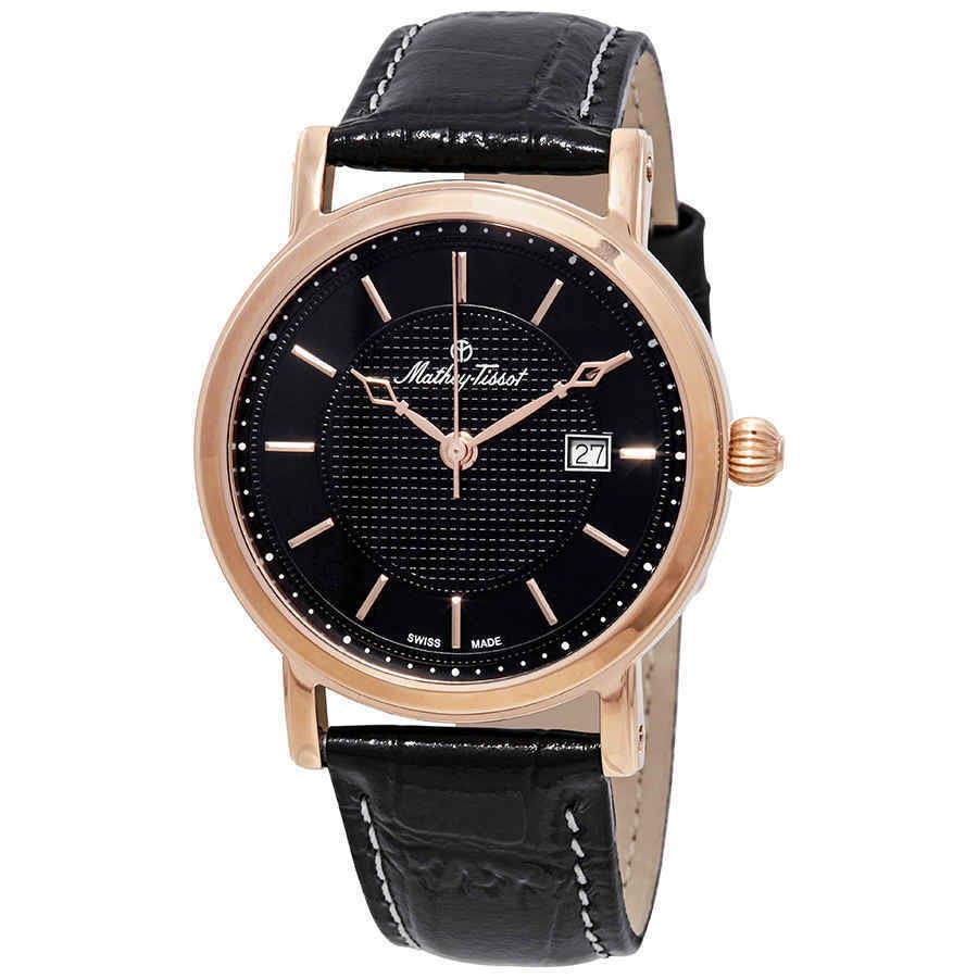 Mathey-tissot City Black Dial Black Leather Men`s Watch H611251PN - Dial: Black, Band: Black, Bezel: Rose Gold PVD