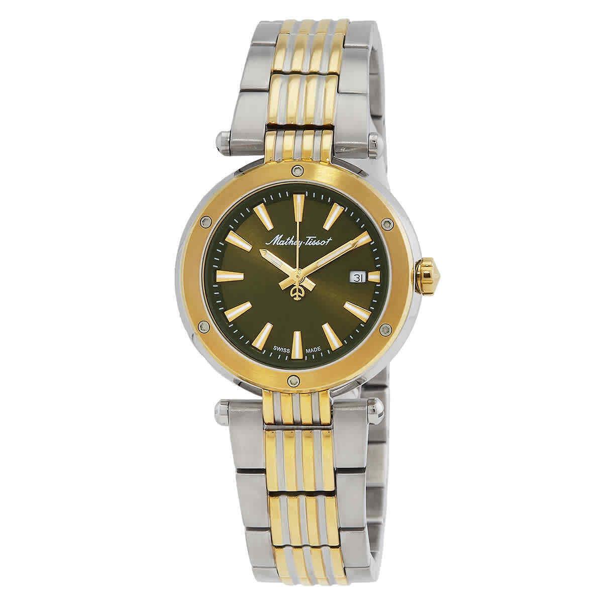 Mathey-tissot Neptune Quartz Green Dial Ladies Watch D912BV - Dial: Green, Band: Two-tone (Silver-tone and Yellow Gold-tone), Bezel: Silver-tone