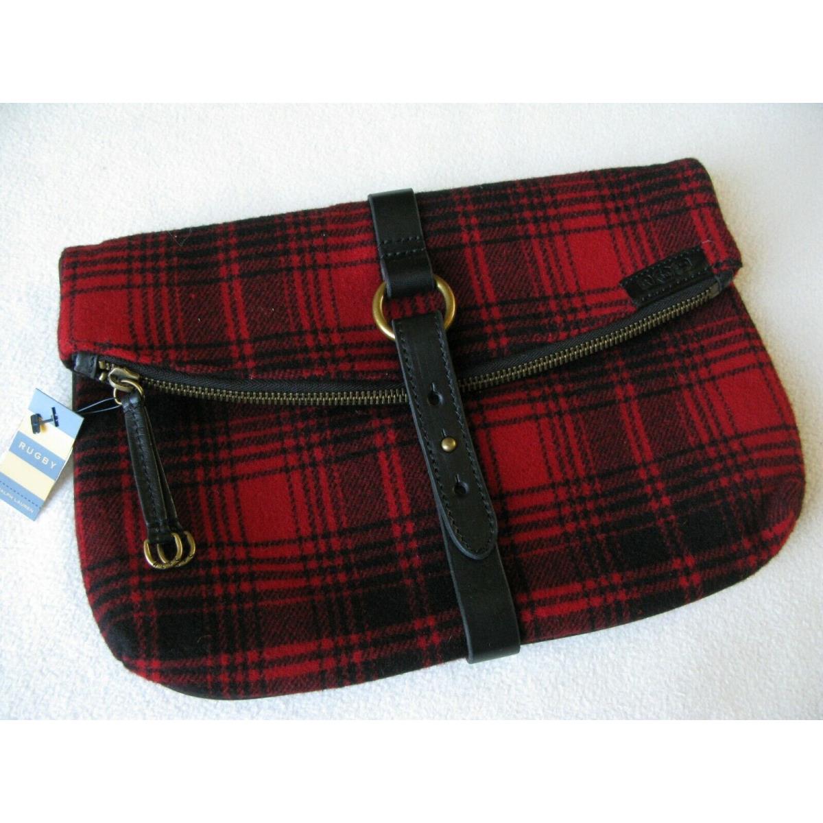 Rugby Ralph Lauren Leather-trim Plaid Wool Fold-over Envelope Clutch Handbag