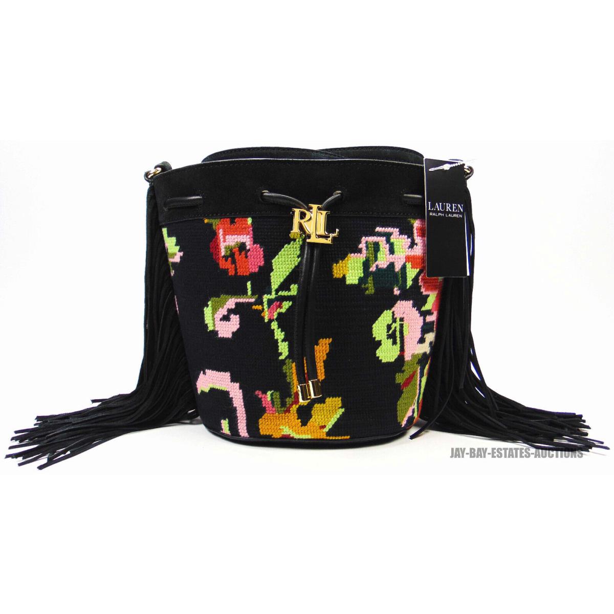 Lauren Ralph Lauren Needlepoint Medium Andie Drawstring Bag Black Floral Lrl